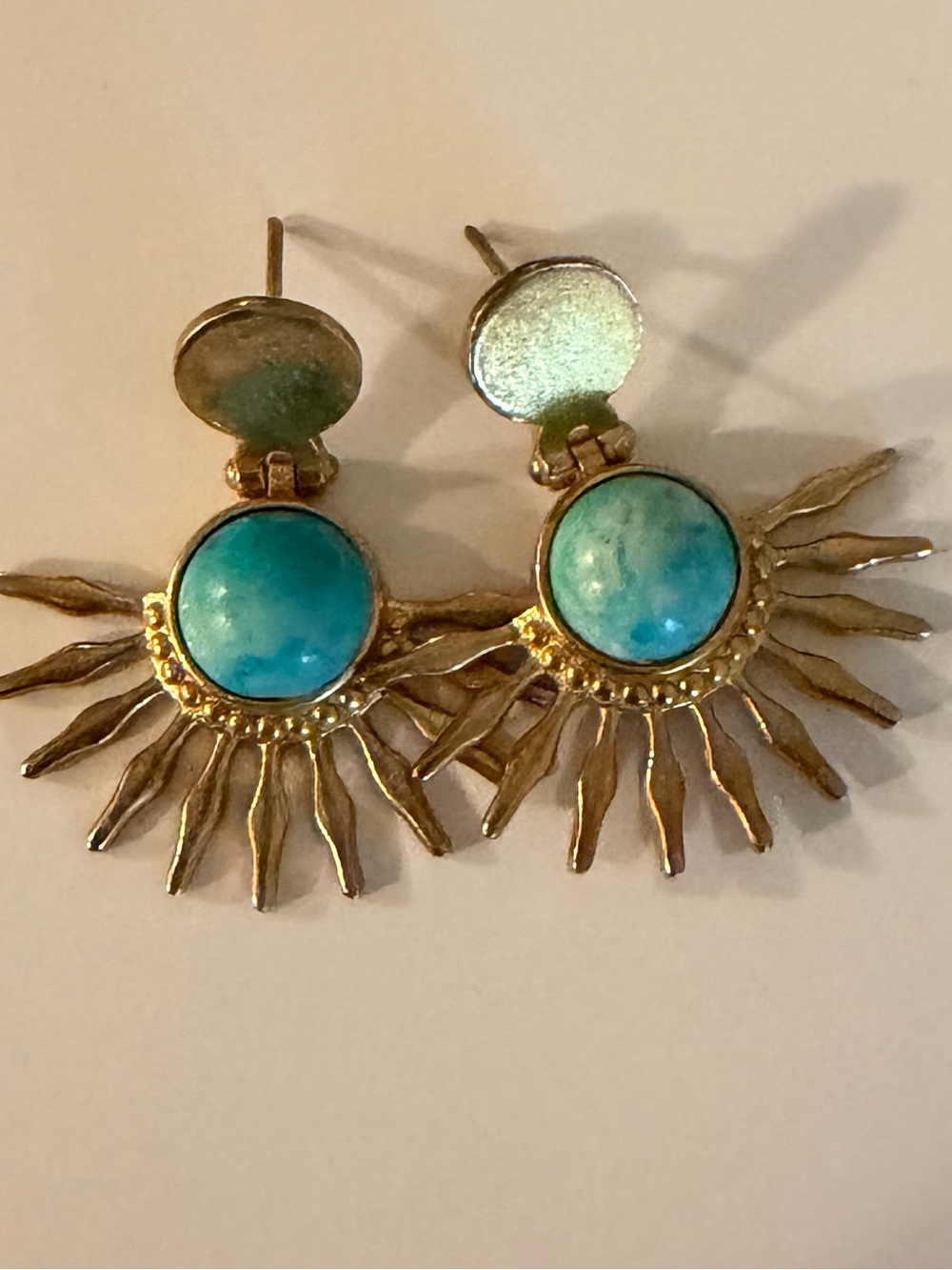 Turkish Gold Played Sunburst Drop Earrings with Turquoise-Colored Natural Stone - Picture 5 of 5